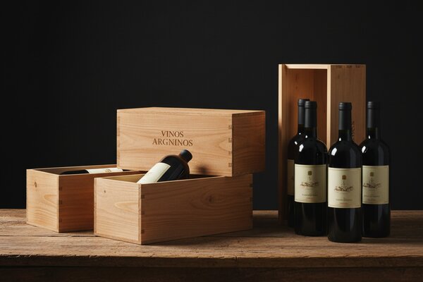Composición elegante de cajas de madera para vinos premium