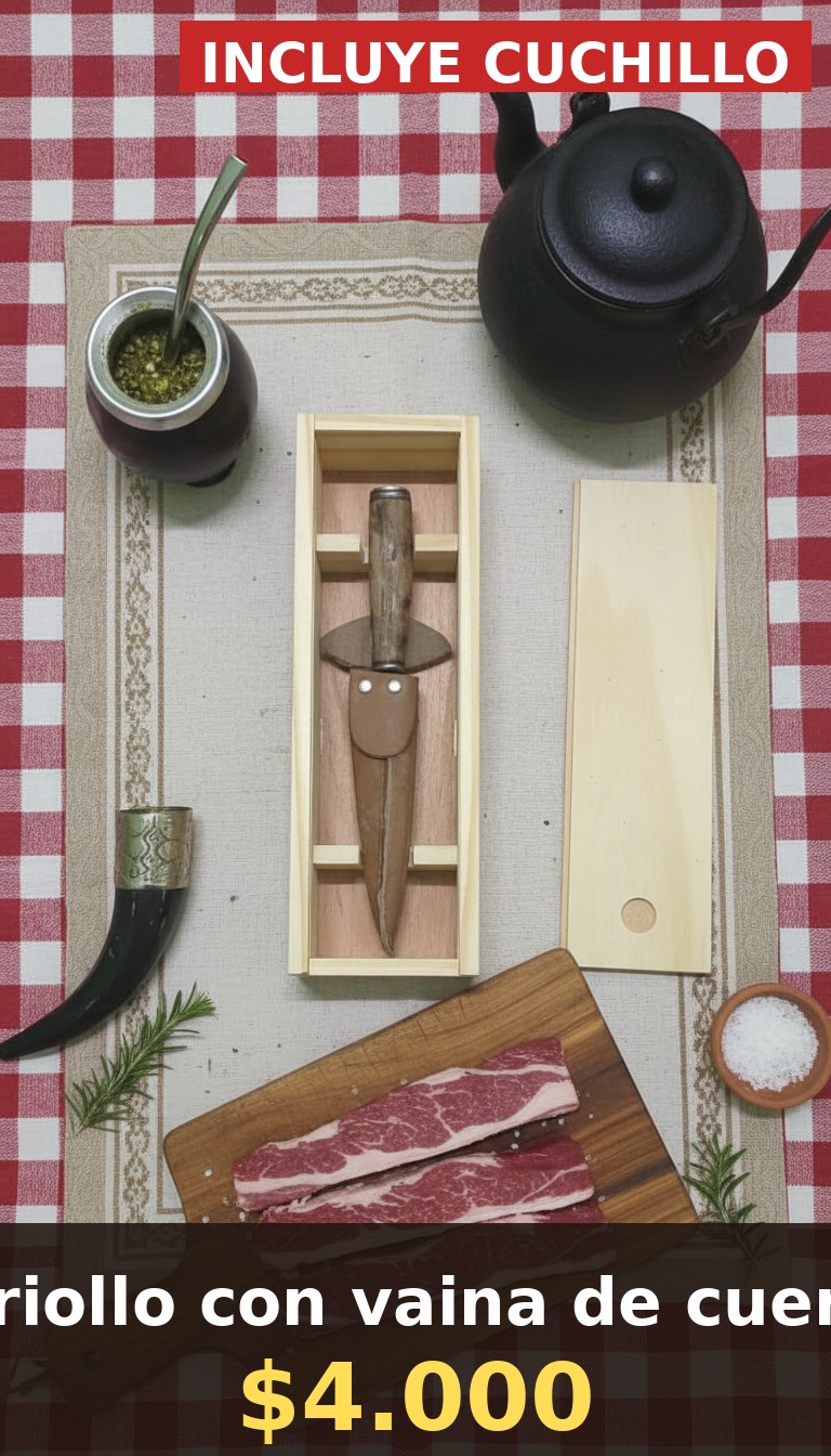 Estuche abierto en flatlay sobre mantel gaucho con mate, pava y tabla de asado