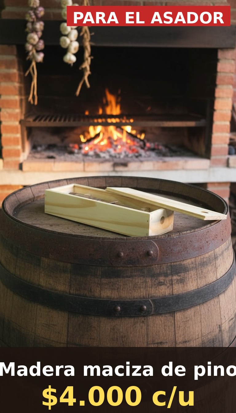 Estuche sobre barrica de roble frente a parrilla encendida en quincho de estancia