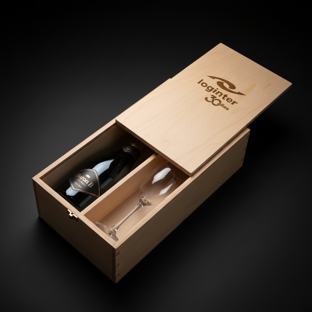 Caja de madera con botella oscura y copa, logo de empresa grabado a láser