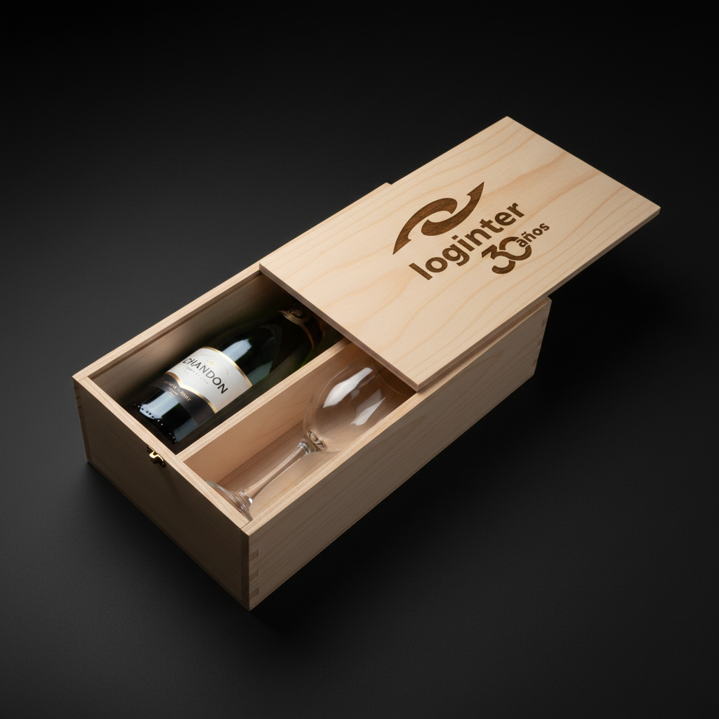 Caja de madera con logo grabado a láser, botella de vino y copa — regalo empresarial premium