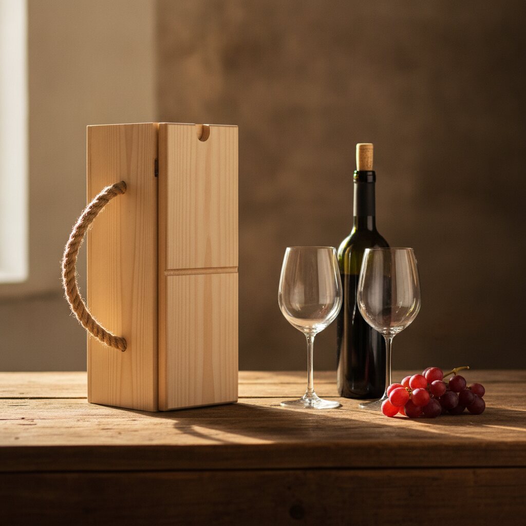 Caja vinera de madera de pino con manija de soga junto a una botella de vino y dos copas en una mesa cálida