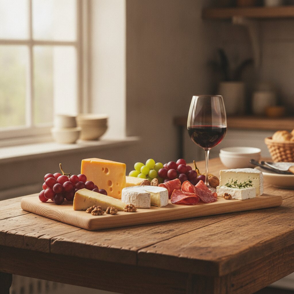 Tabla de madera de pino servida con quesos, fiambres, uvas y una copa de vino