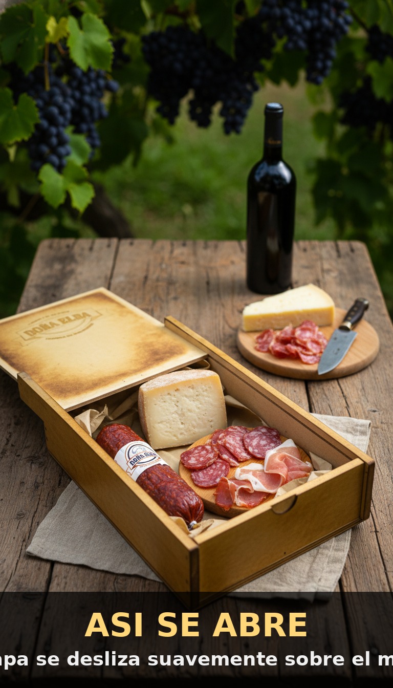 Caja de madera Gourmet Premium con tapa corrediza abierta mostrando salamín, queso estacionado y fiambres en ambientación de campo argentino