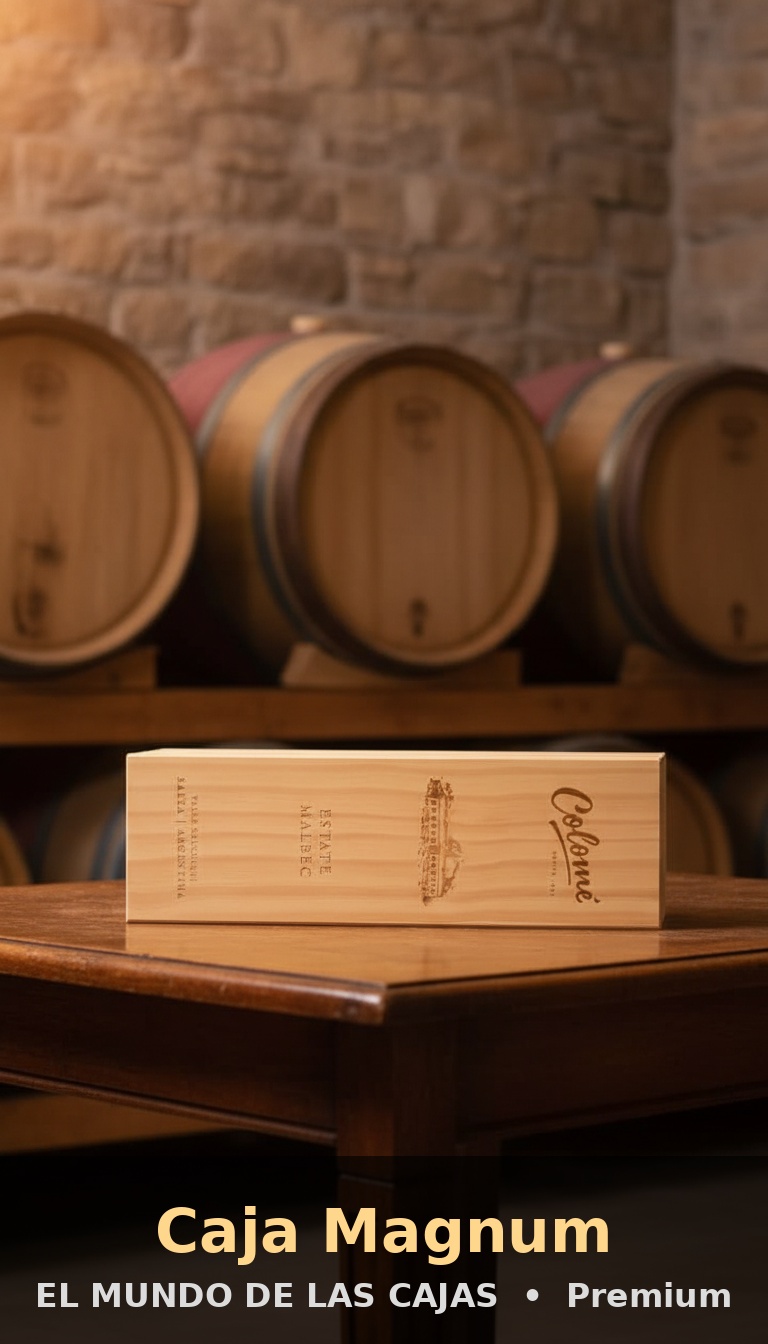 Caja Magnum de madera cerrada con grabado de bodega Colomé, ambientada en cava con barricas