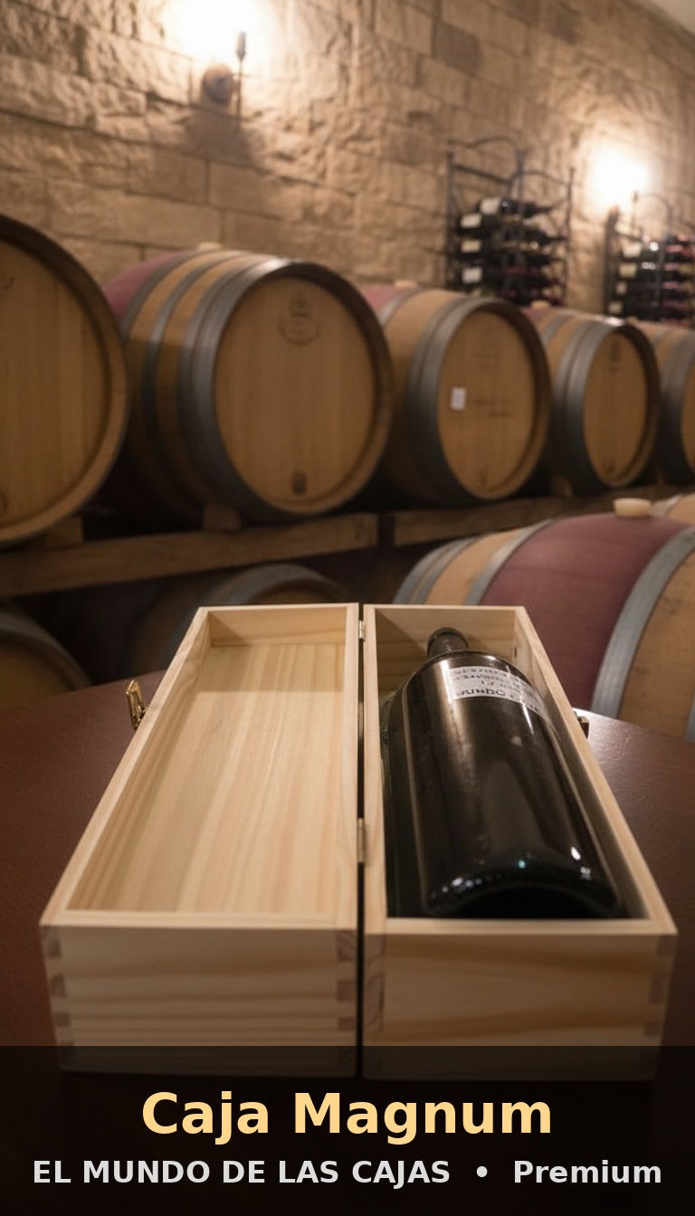 Caja Magnum abierta con botella de vino Dedicado Gran Malbec dentro, en bodega