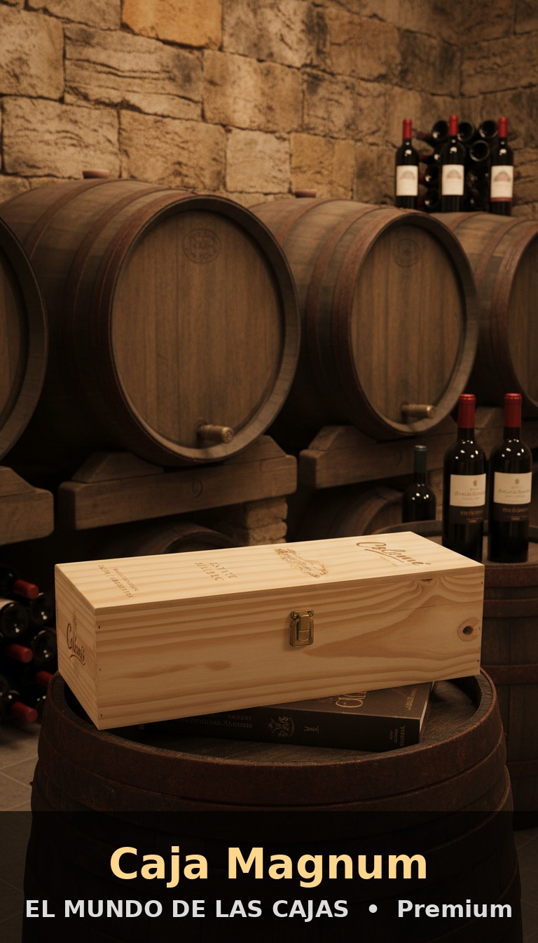 Caja Magnum de pino sobre barrica de roble en vinoteca premium