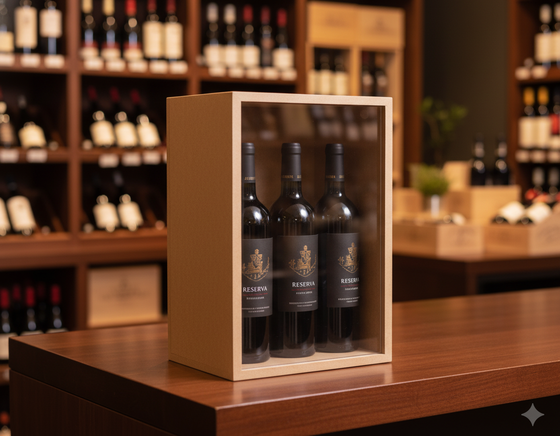 Caja exhibidor en vinoteca con botellas de vino premium