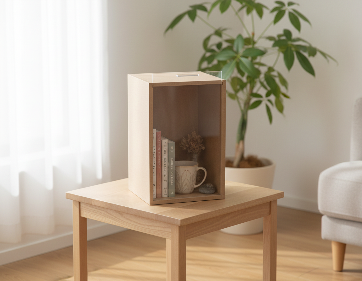 Caja como organizador decorativo en living con libros y objetos