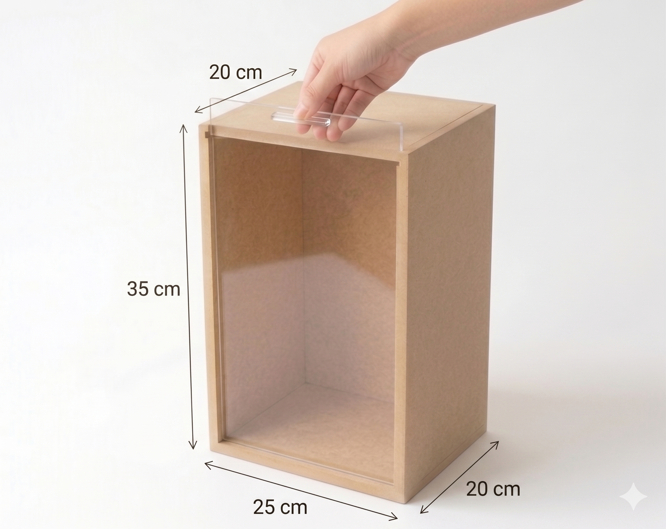 Caja expositora en MDF con frente de acrílico deslizable, medidas 25x20x35 cm