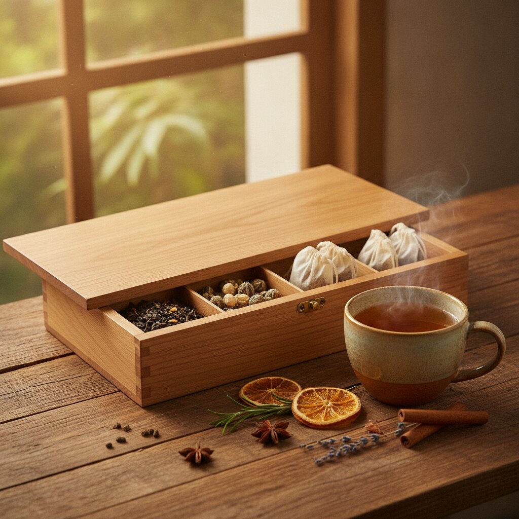 Caja de té de madera de pino abierta con infusiones y saquitos, junto a una taza de té humeante