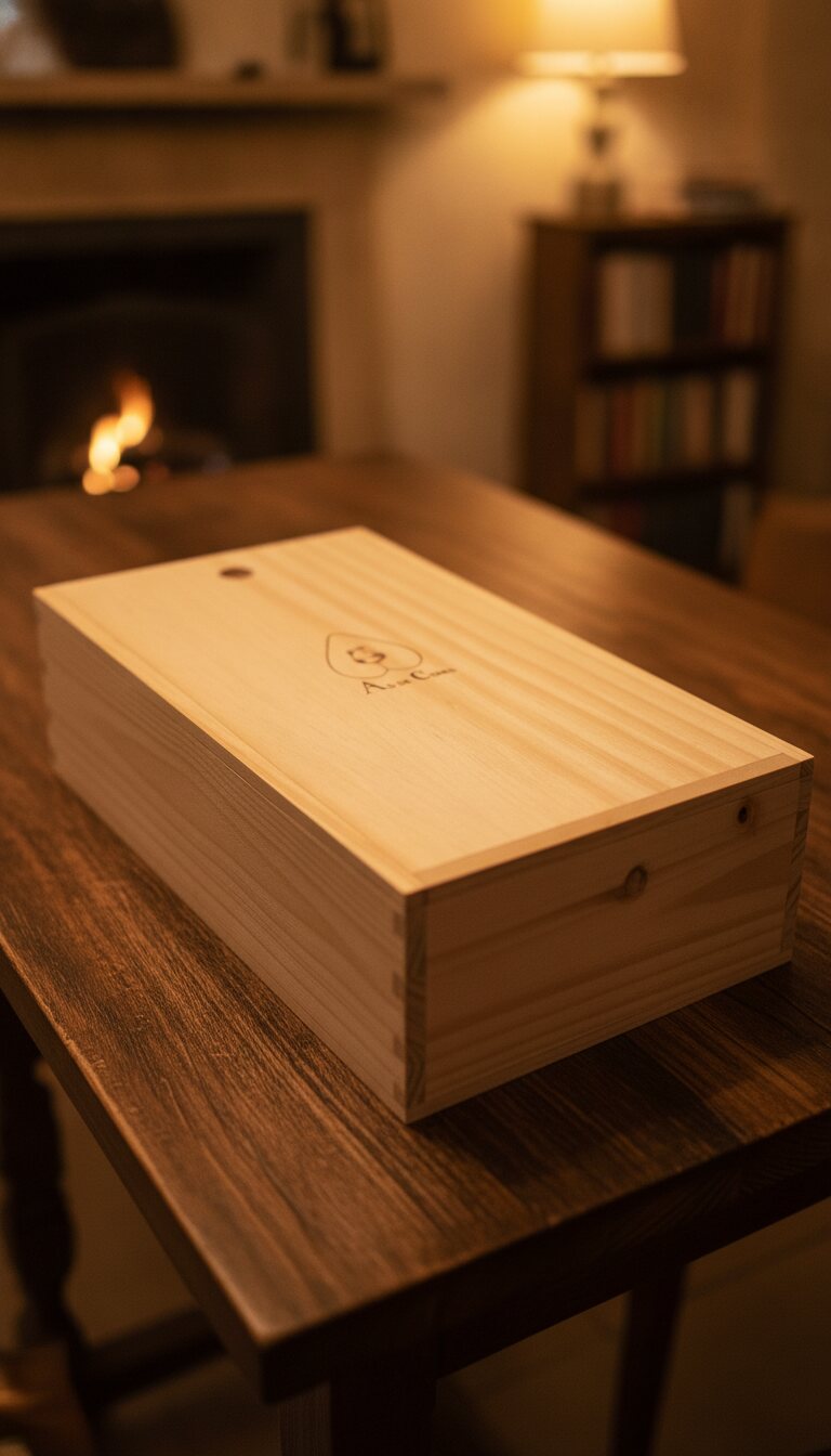 Caja vinera de madera As de Copas terminada sobre una mesa de madera junto a una chimenea encendida