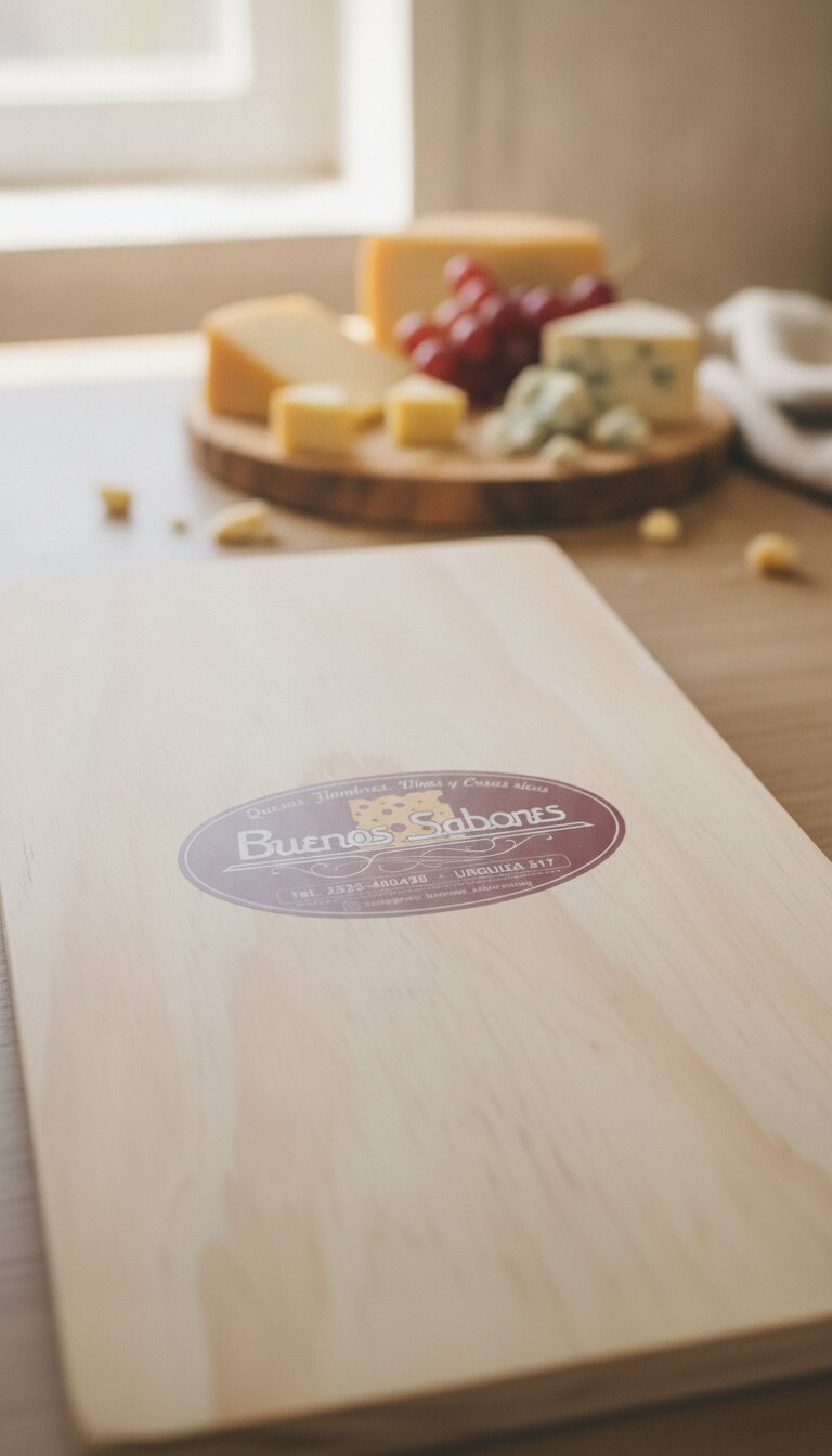 Tabla de madera Buenos Sabores con logo a color sobre una mesada de cocina con quesos