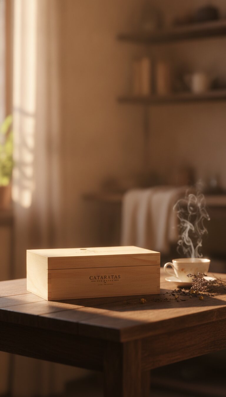 Caja de té de pino Cataratas Tea House cerrada sobre una mesa con una taza de té humeante