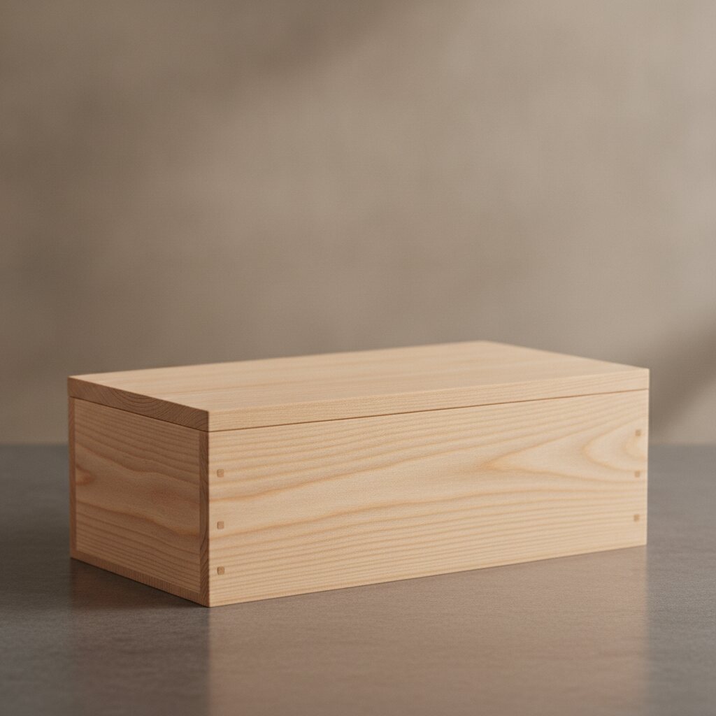 Caja vinera minimalista de madera de pino sobre una superficie de piedra oscura, regalo corporativo